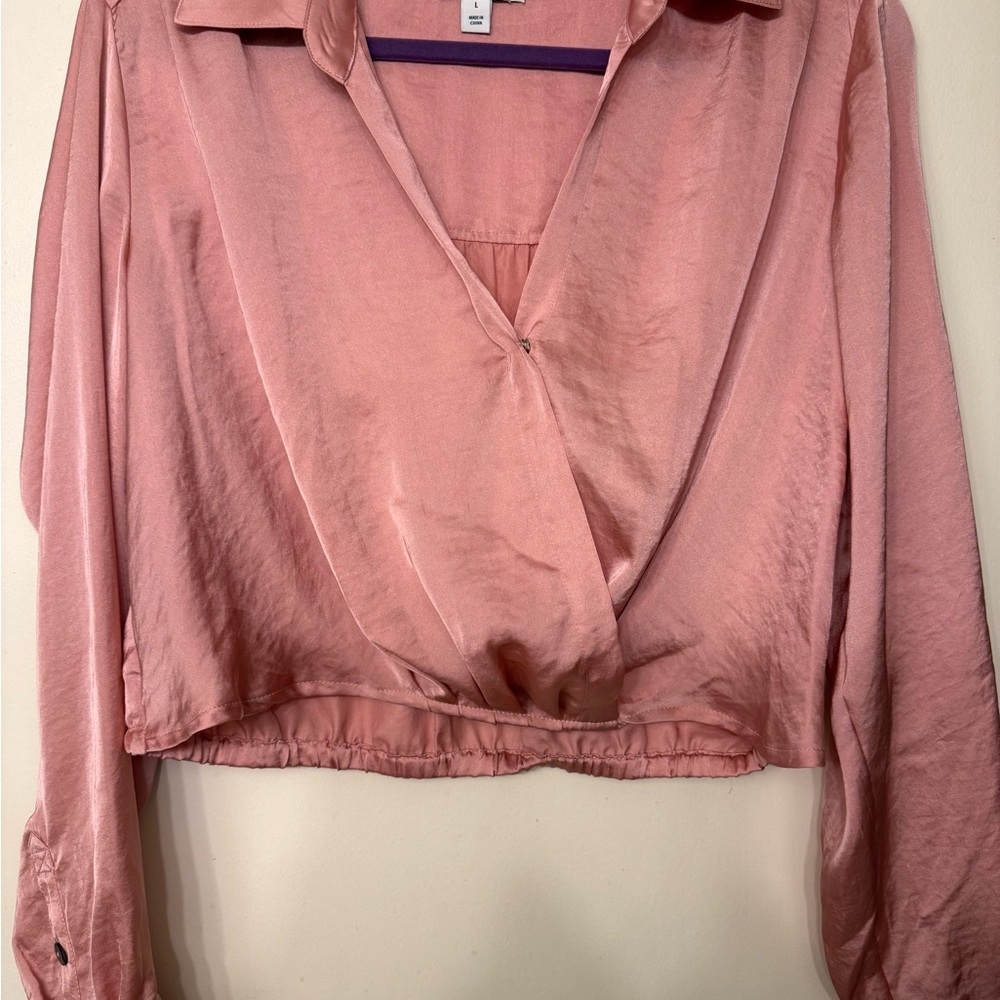 Bar III Blush Pink Satin Wrap Blouse